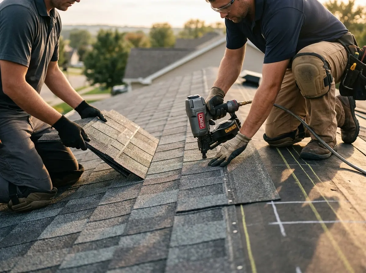 Professional roofer working on a residential roof in Rincon